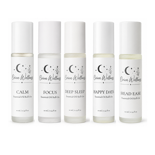 Five Orion Wellness roll-ons: Calm, Focus, Deep Sleep, Happy Days, and Head Ease