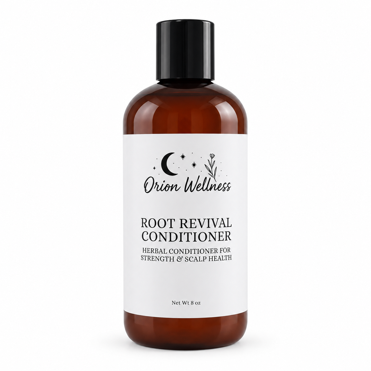 Orion Wellness Root Revival Conditioner in an amber 8 oz bottle with a black cap on a white background.