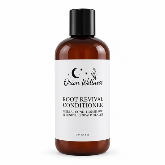 Orion Wellness Root Revival Conditioner in an amber 8 oz bottle with a black cap on a white background.