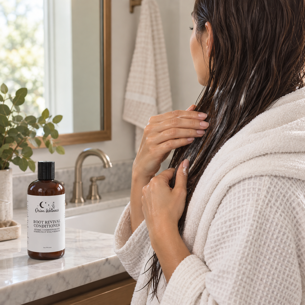 Root Revival Conditioner shown in a natural haircare routine