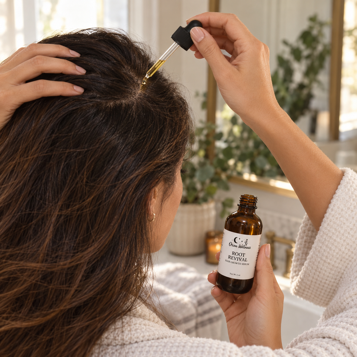 Root Revival Hair Oil shown in a natural scalp care routine