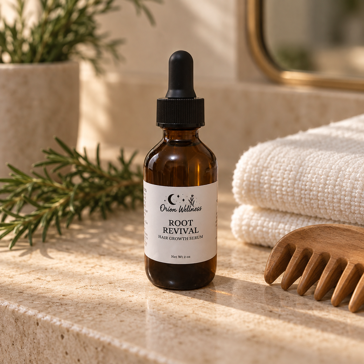 Root Revival Hair Oil in a warm bathroom lifestyle setting