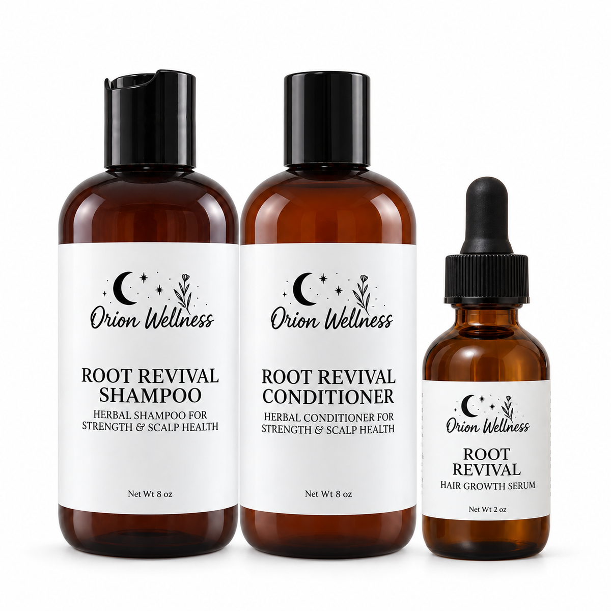 Root Revival Shampoo 8 oz, Root Revival Conditioner 8 oz, Root Revival Hair Oil 2 oz together on a white background