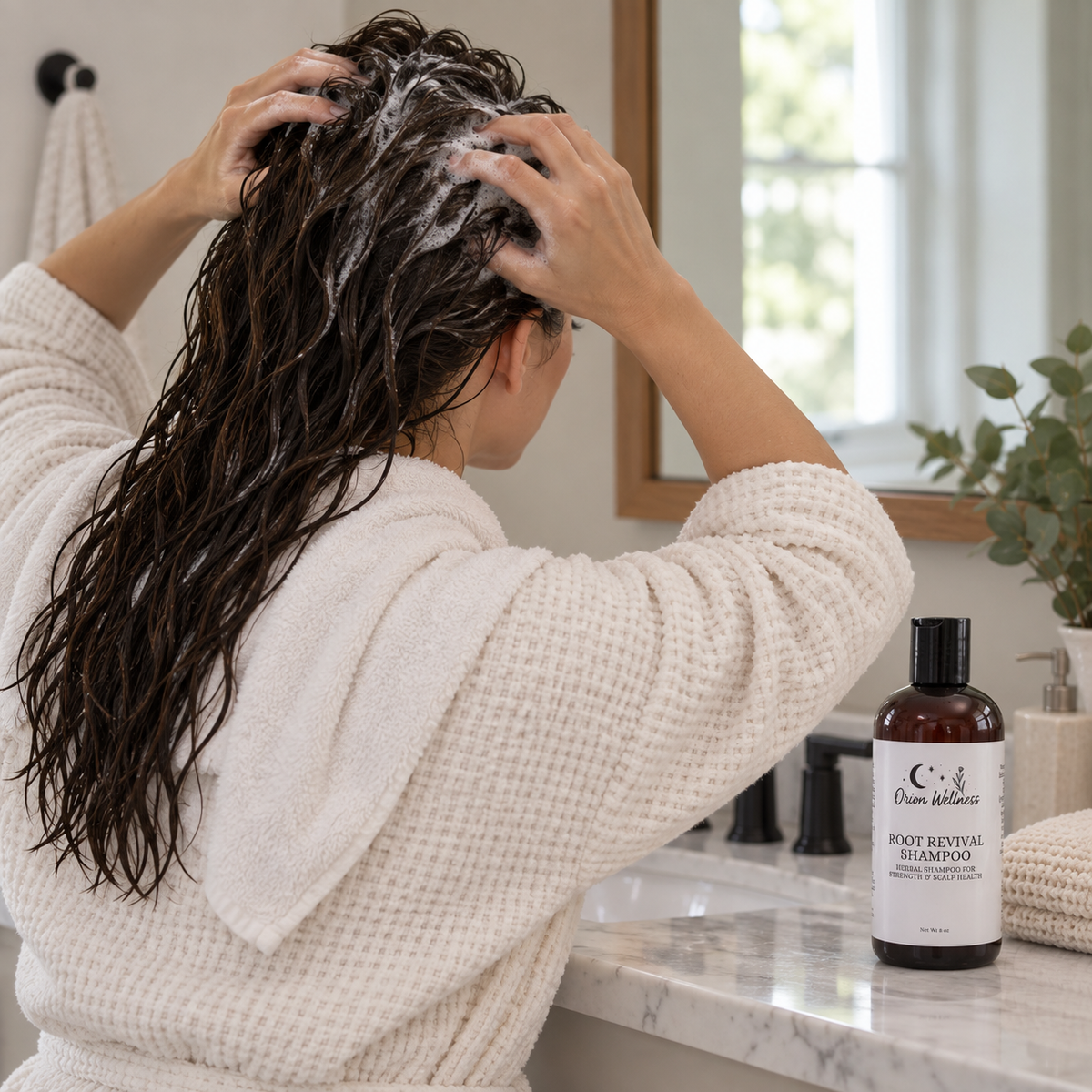 Root Revival Shampoo shown in a natural haircare routine