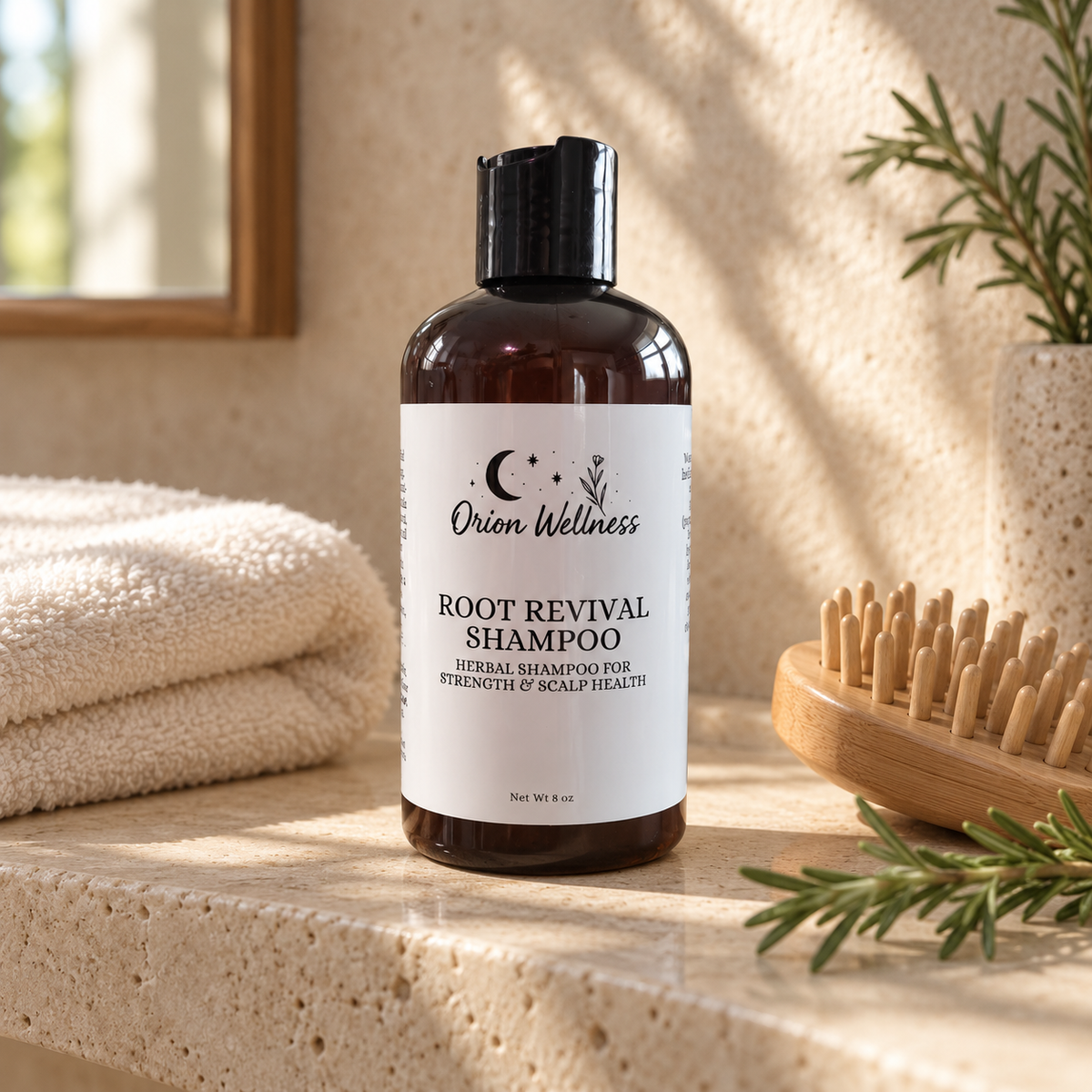 Root Revival Shampoo in a warm bathroom lifestyle setting