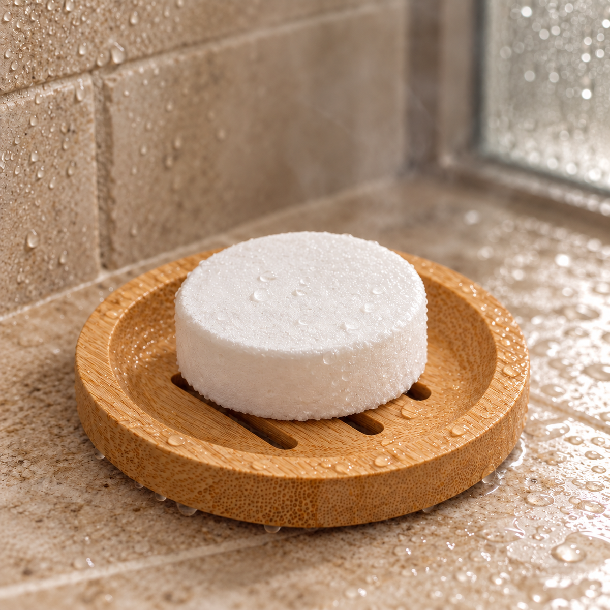 Unwrapped shower steamer on round bamboo tray in shower