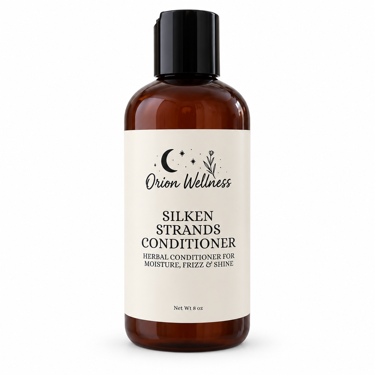 Orion Wellness Silken Strands Conditioner in an amber 8 oz bottle with a black cap on a white background.
