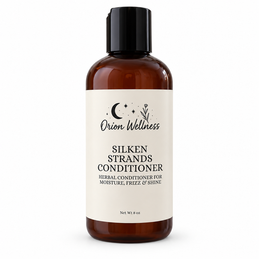 Orion Wellness Silken Strands Conditioner in an amber 8 oz bottle with a black cap on a white background.