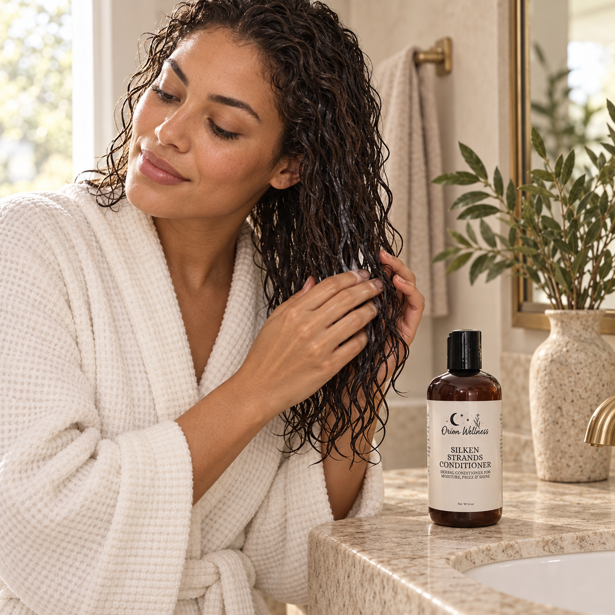 Silken Strands Conditioner shown in a natural haircare routine