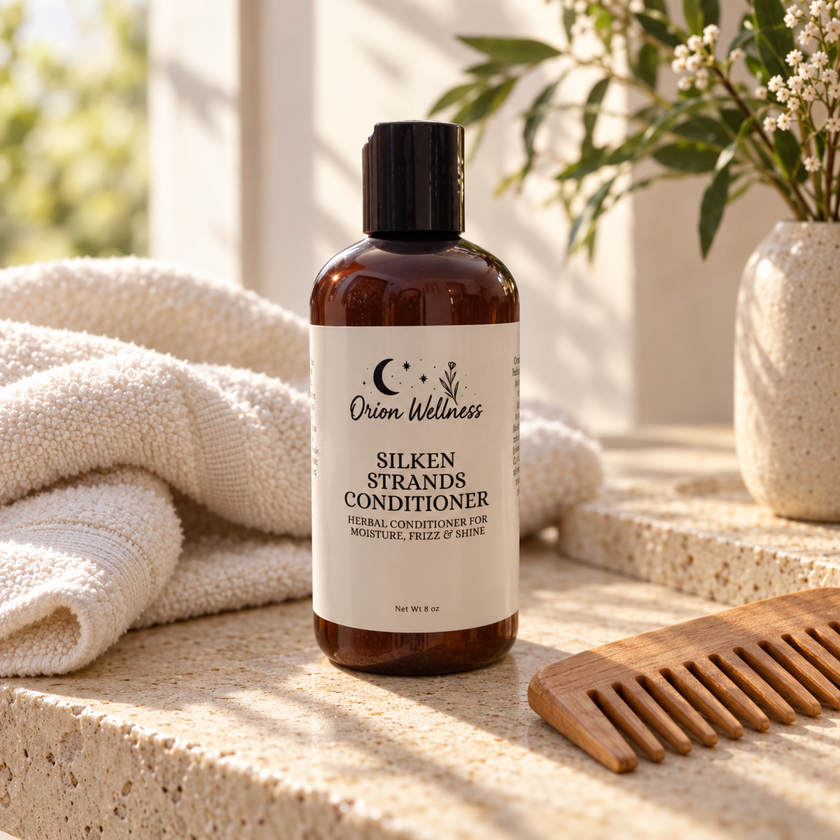 Orion Wellness Silken Strands Conditioner in an amber bottle beside cream towels and a wooden comb on a sunlit stone counter.
