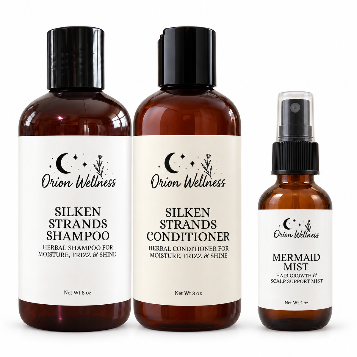 Silken Strands Shampoo 8 oz, Silken Strands Conditioner 8 oz, Mermaid Mist 2 oz together on a white background