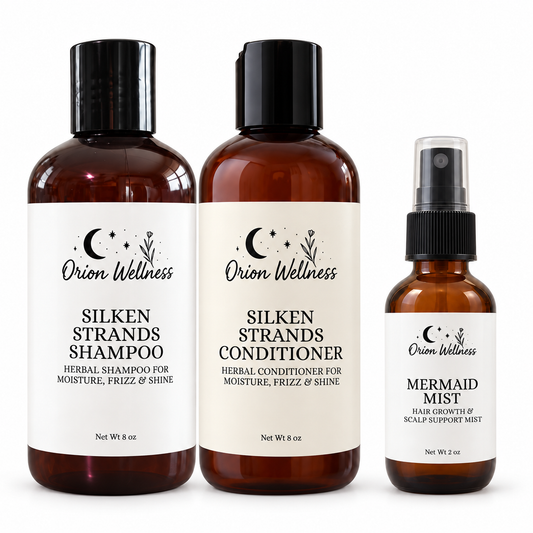 Silken Strands Shampoo 8 oz, Silken Strands Conditioner 8 oz, Mermaid Mist 2 oz together on a white background