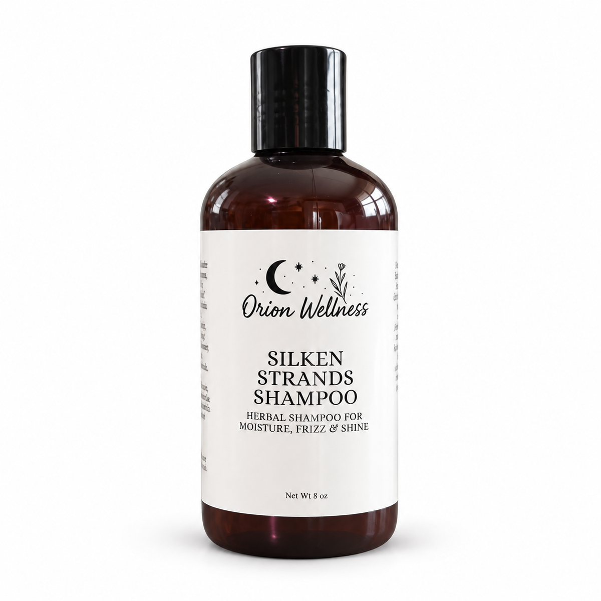 Orion Wellness Silken Strands Shampoo in an amber 8 oz bottle with a black cap on a white background