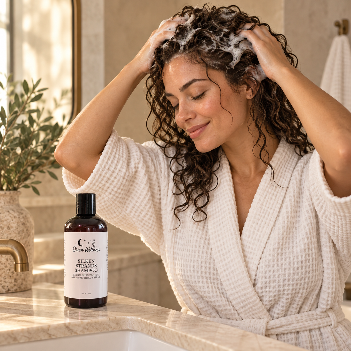 Silken Strands Shampoo shown in a natural haircare routine