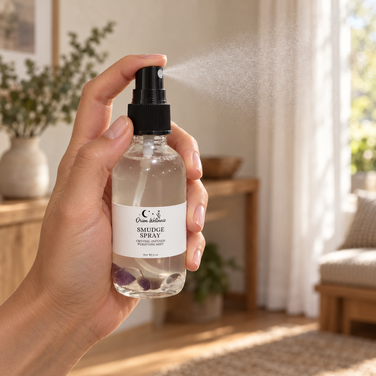 Smudge Spray being misted into a warm home interior
