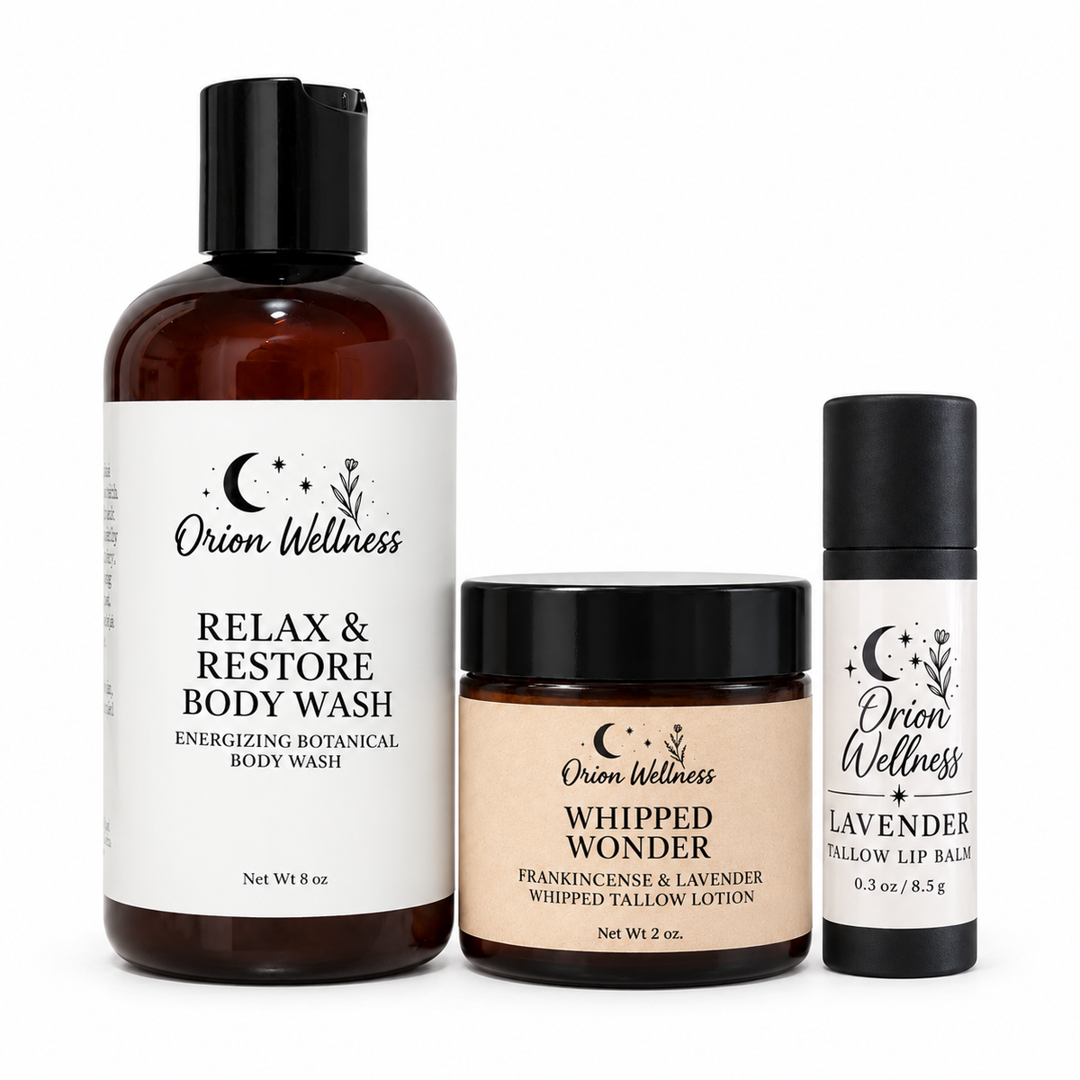 Relax & Restore Body Wash 8 oz, Whipped Wonder Frankincense & Lavender 2 oz, Lavender Tallow Lip Balm 0.3 oz together on a white background