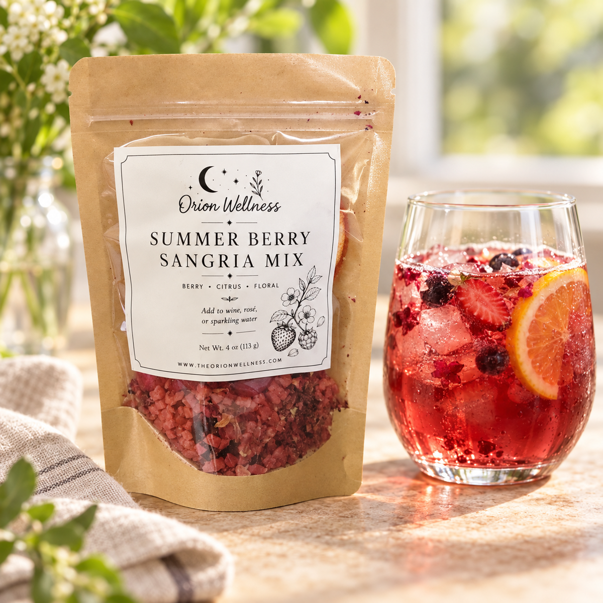 Summer Berry Sangria Mix beside a prepared berry sangria