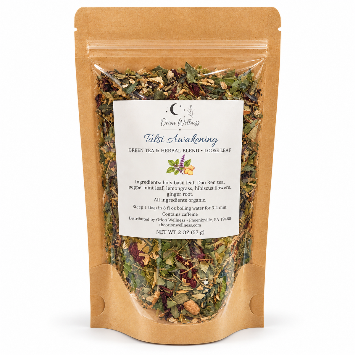 Orion Wellness Tulsi Awakening 2 oz loose leaf tea on white background