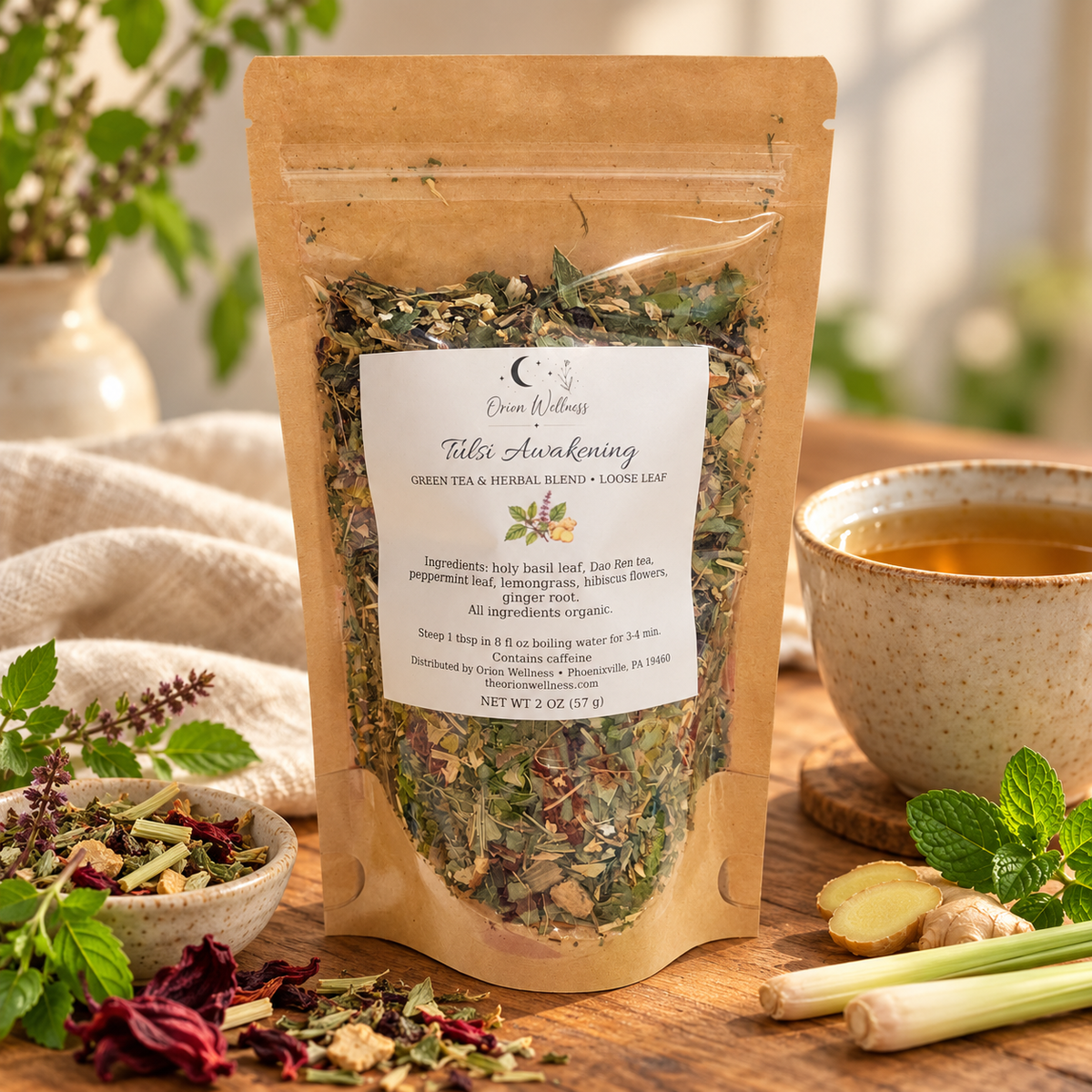 Orion Wellness Tulsi Awakening 2 oz loose leaf tea in a lifestyle setting