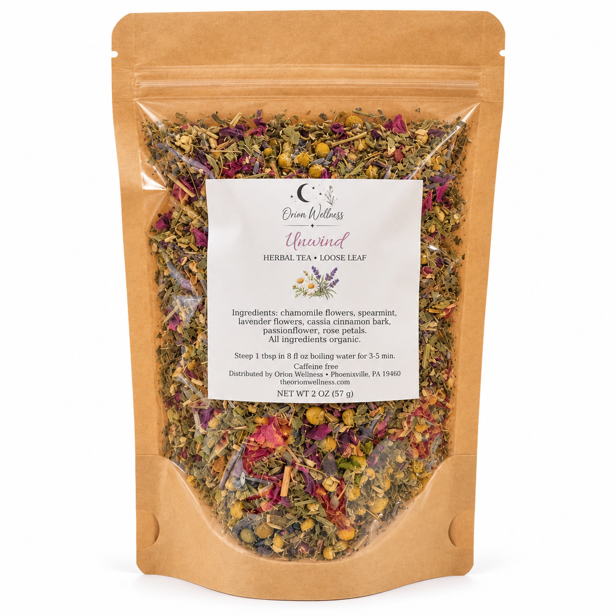 Orion Wellness Unwind 2 oz loose leaf tea on white background