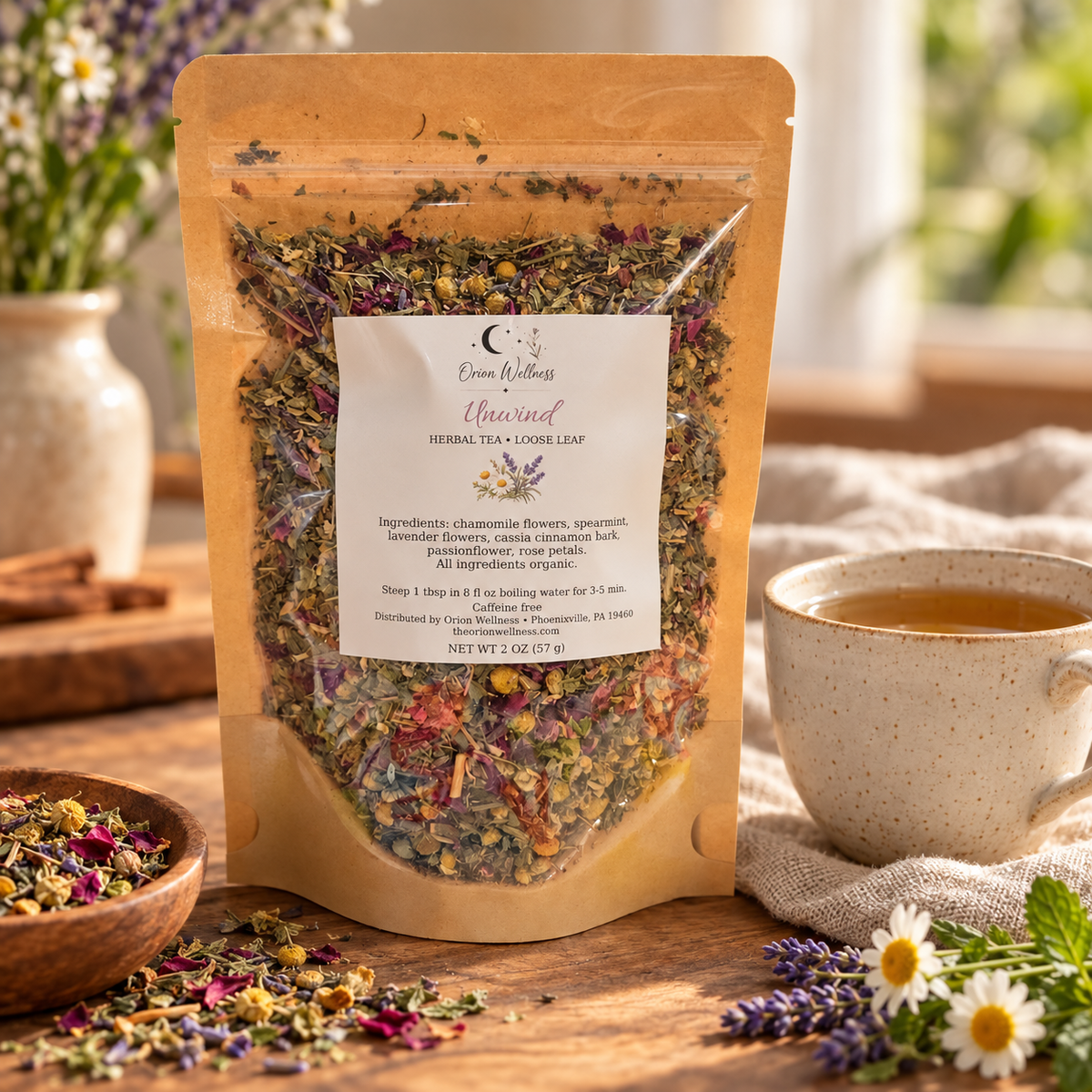 Orion Wellness Unwind 2 oz loose leaf tea in a lifestyle setting