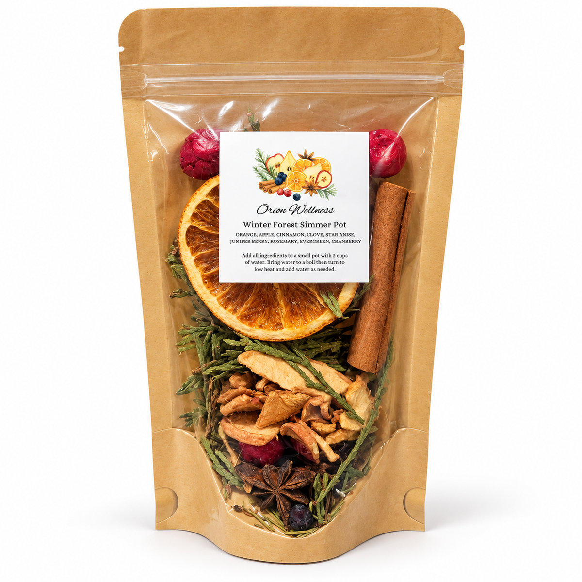 Orion Wellness Winter Forest Simmer Pot kraft pouch on a white background