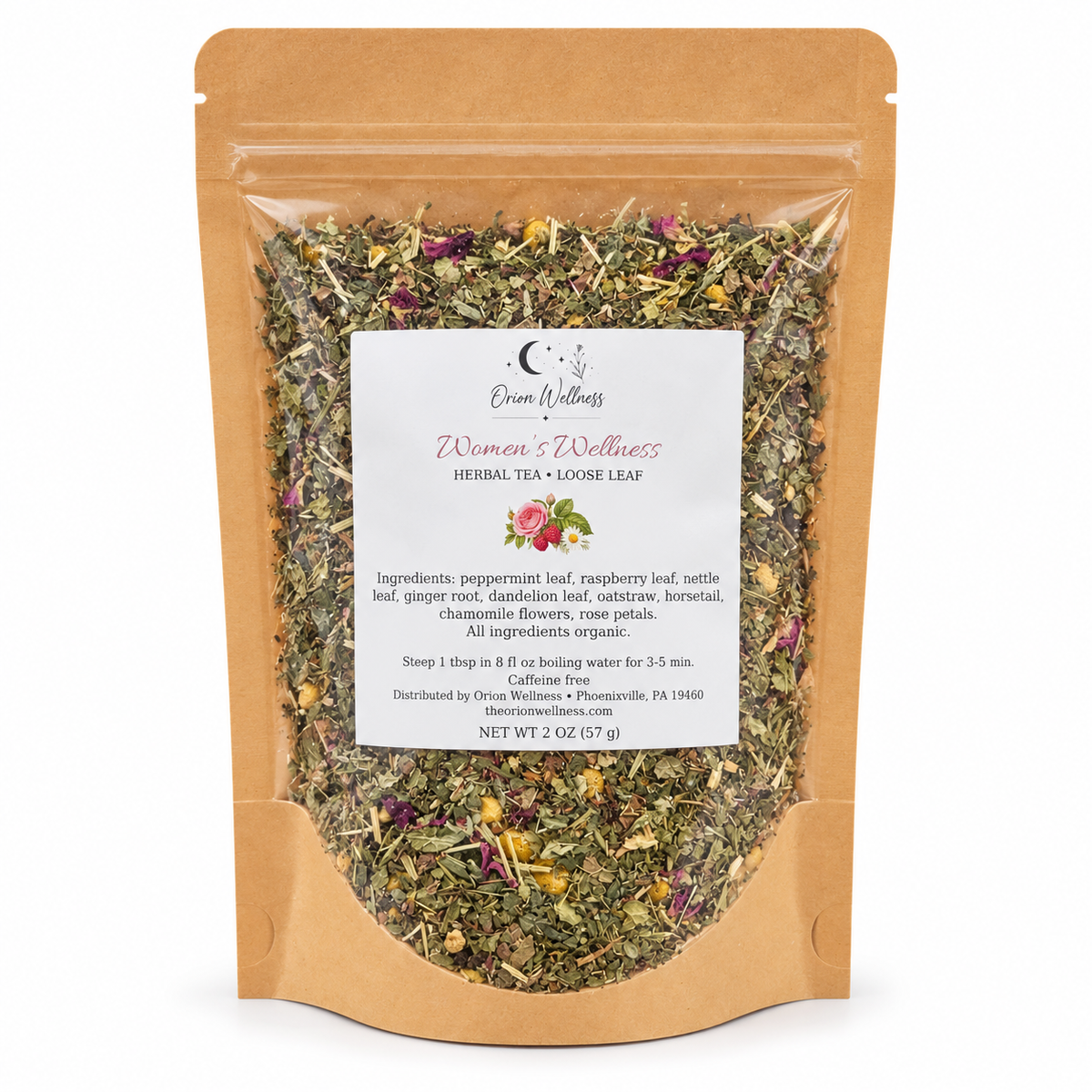 Orion Wellness Women's Wellness loose leaf tea, 2 oz pouch on white background